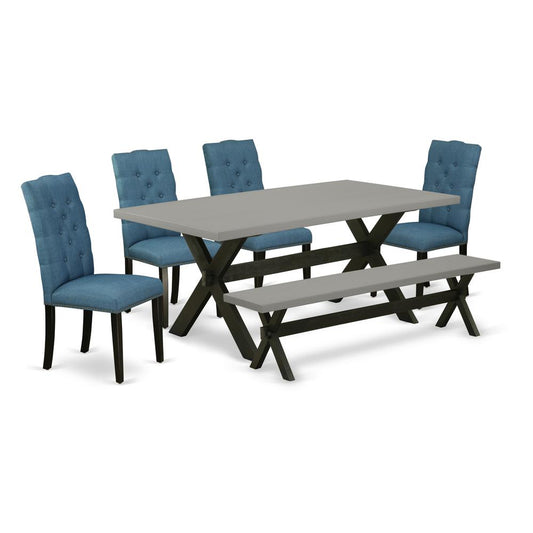 East West Furniture 6-Piece Awesome Dining Table Set an Outstanding Cement Color Dining Room Table Top and Cement Color Small Bench and 4 Wonderful Linen Fabric Kitchen Chairs with Nail Heads and Butt