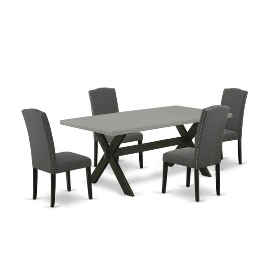 East West Furniture 5-Piece Dining room Table Set Included 4 Parson Dining chairs Upholstered Nails Head Seat and Stylish Chair Back and Rectangular dining table with Cement Color rectangular Dining T