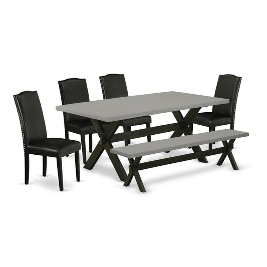 East West Furniture X697EN169-6 6-Pc Dinette Set - 4 Dining Chairs, a Small Bench Cement Top and 1 Modern Cement Kitchen Table Top with High Stylish Chair Back - Wire Brushed Black Finish