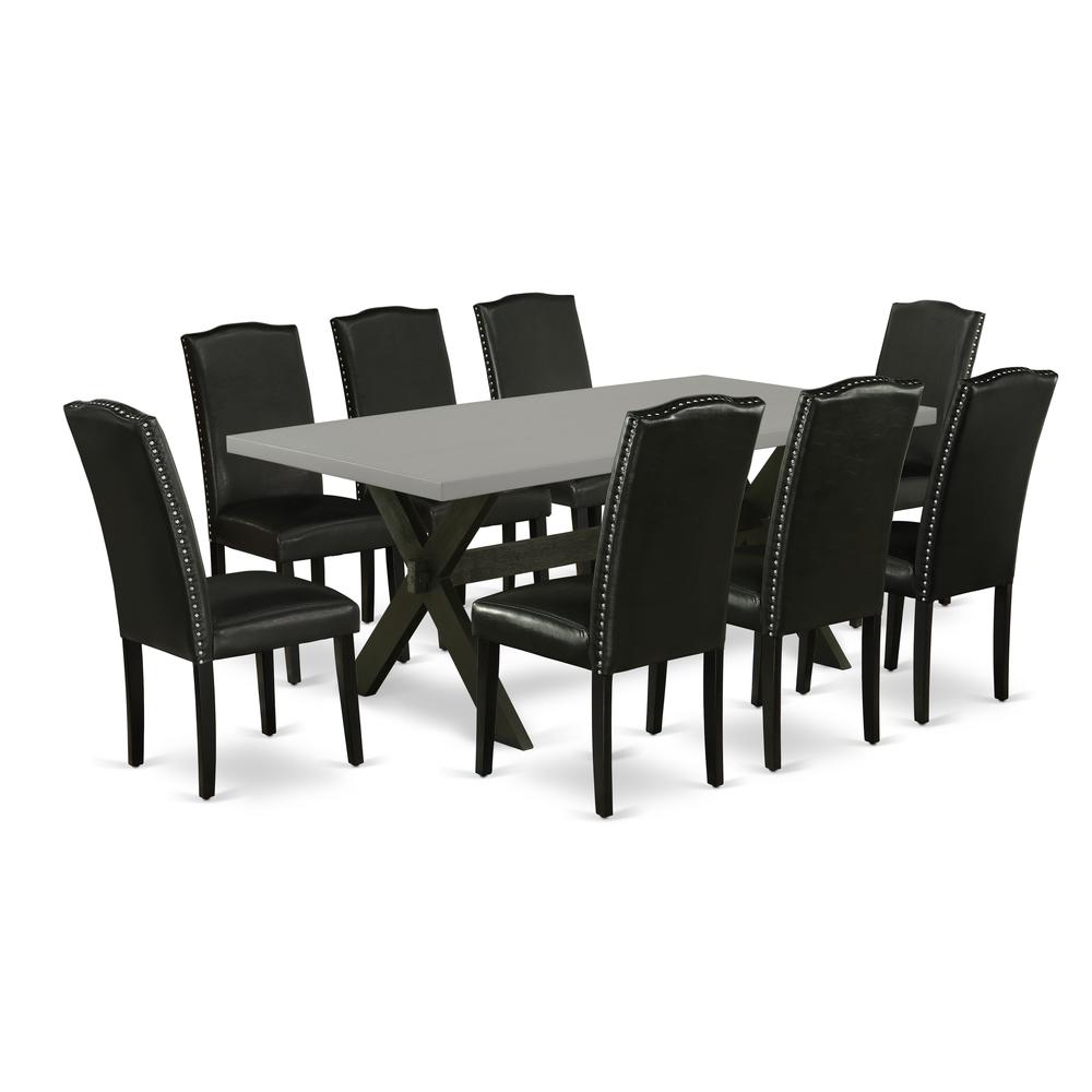 East West Furniture X697EN169-9 9-Pc Dinette Set - 8 Dining Chairs and 1 Modern Rectangular Cement Dining Room Table Top with High Stylish Chair Back - Wire Brushed Black Finish