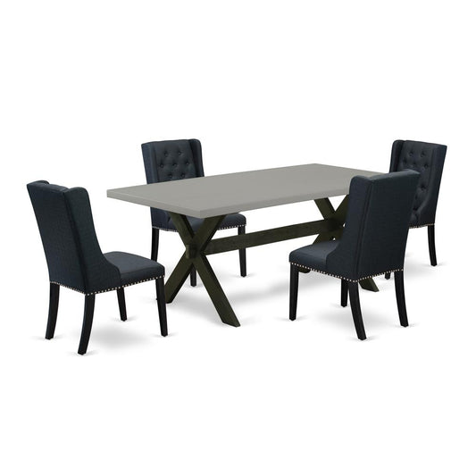 East West Furniture X697FO624-5 5-Piece Dining Table Set consists of 4 Black Linen Fabric Parson Chairs with Nail heads and Cement Dining Room Table - Wire Brush Black Finish