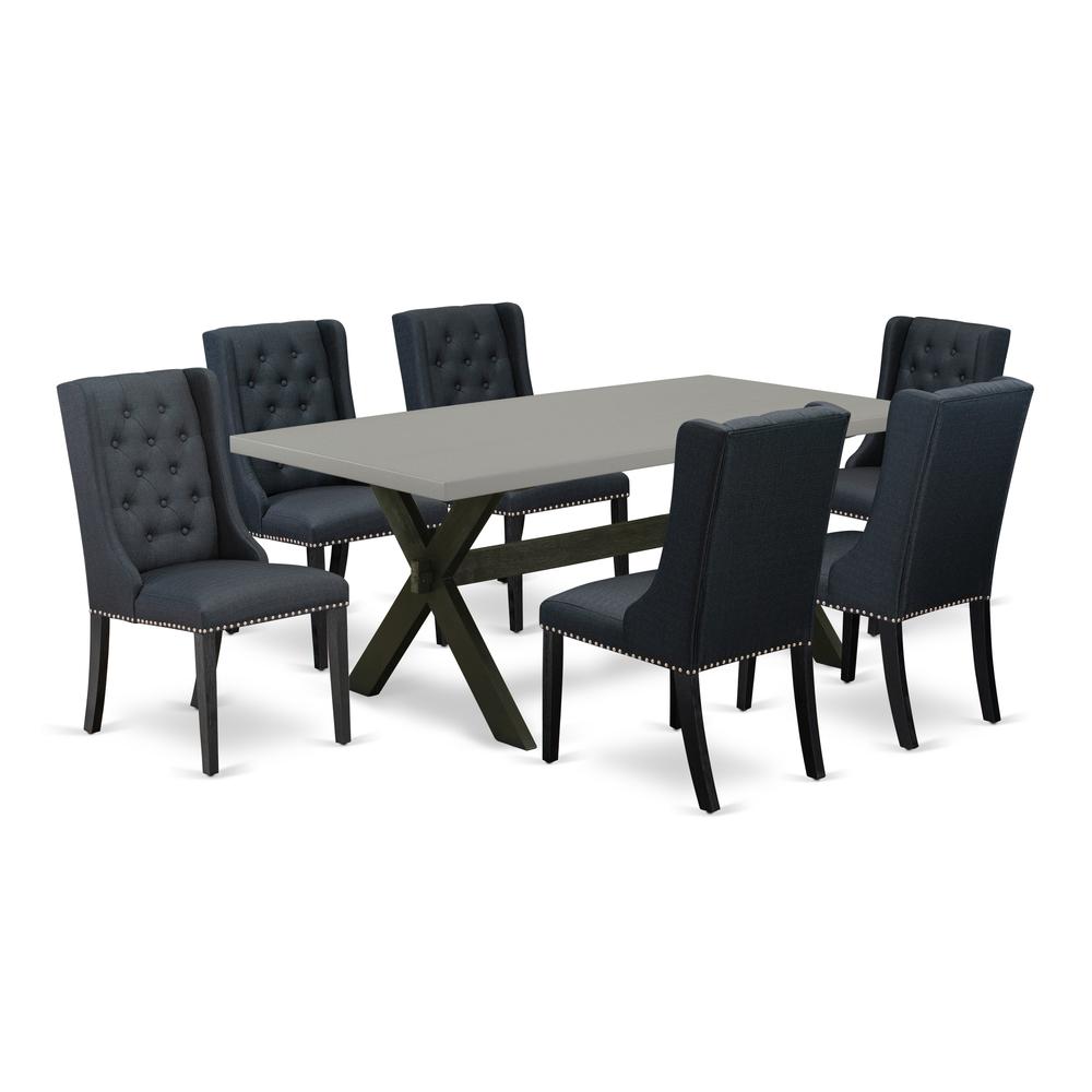 East West Furniture X697FO624-7 7 Piece Dining Table Set - 6 Black Linen Fabric Kitchen Chairs Button Tufted with Nail heads and Cement Wood Table - Wire Brush Black Finish