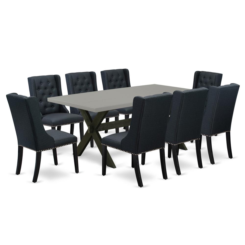 East West Furniture X697FO624-9 9 Pc Dining Room Set - 8 Black Linen Fabric Padded Chair Button Tufted with Nail heads and Cement Dining Table - Wire Brush Black Finish