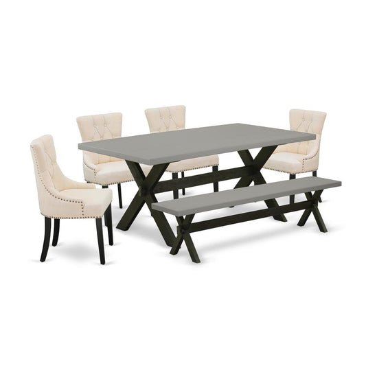 East West Furniture X697FR102-6 6-Pc Dinette Set - 4 Dining Chairs, a Small Bench Cement Top and 1 Modern Cement Dining Table Top with Button Tufted Chair Back - Wire Brushed Black Finish