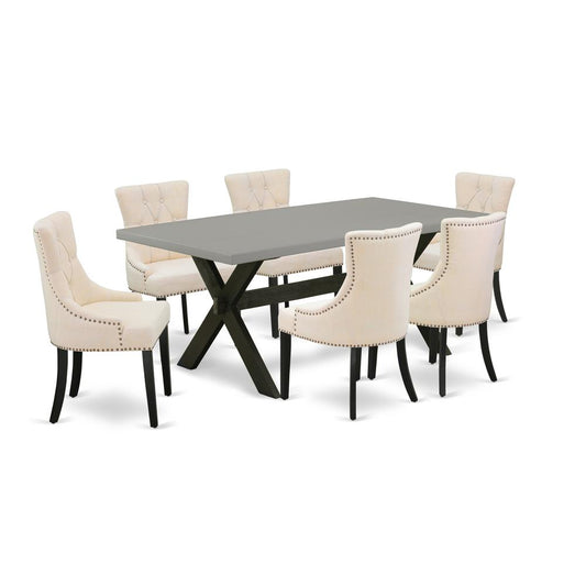 East West Furniture X697FR102-7 7-Pc Dinette Room Set - 6 Kitchen Chairs and 1 Modern Rectangular Cement Kitchen Dining Table Top with Button Tufted Chair Back - Wire Brushed Black Finish