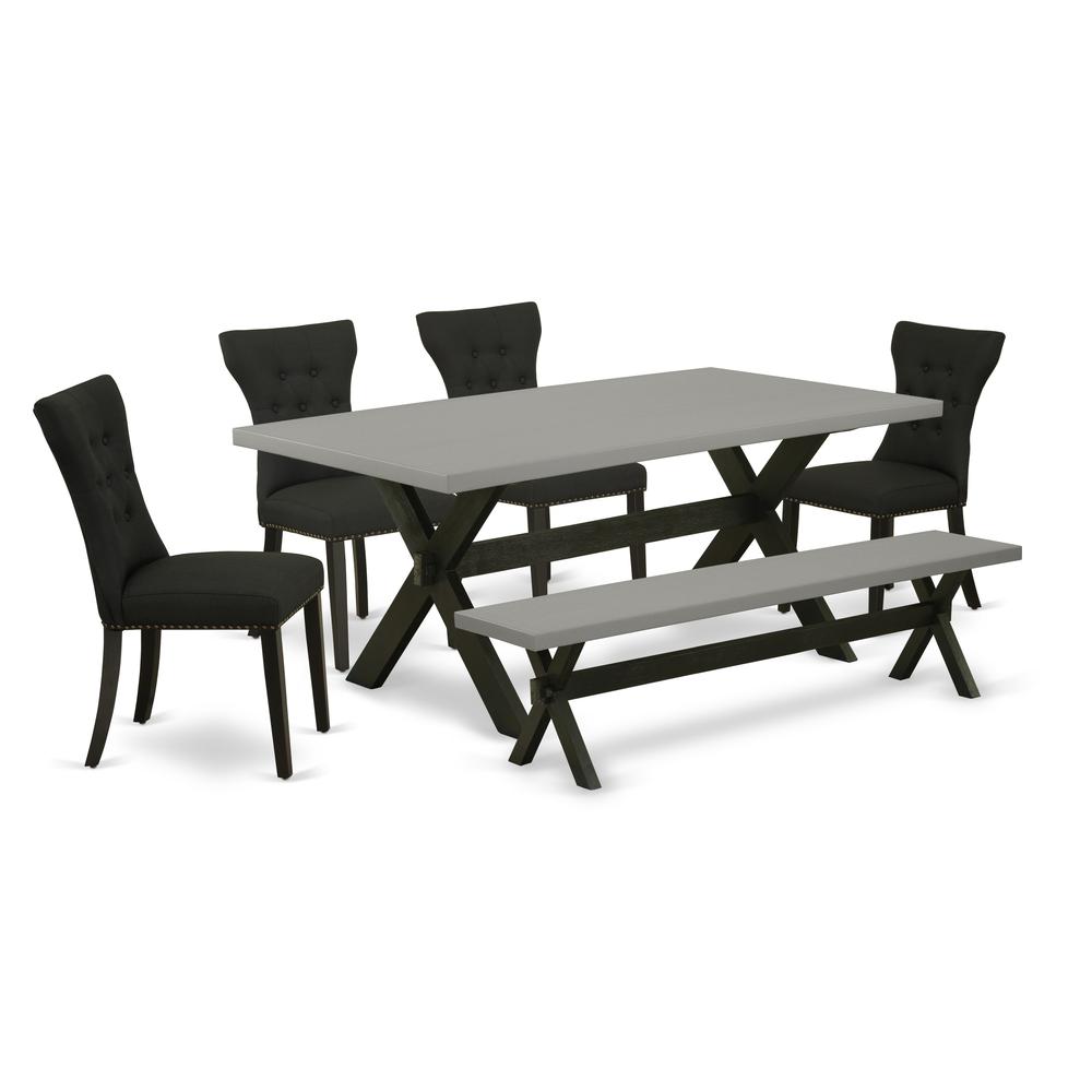 East West Furniture X697GA124-6 6-Pc Dining Set - 4 Dining Chairs, a Wooden Bench Cement Top and 1 Modern Cement Dining Table Top with Button Tufted Chair Back - Wire Brushed Black Finish