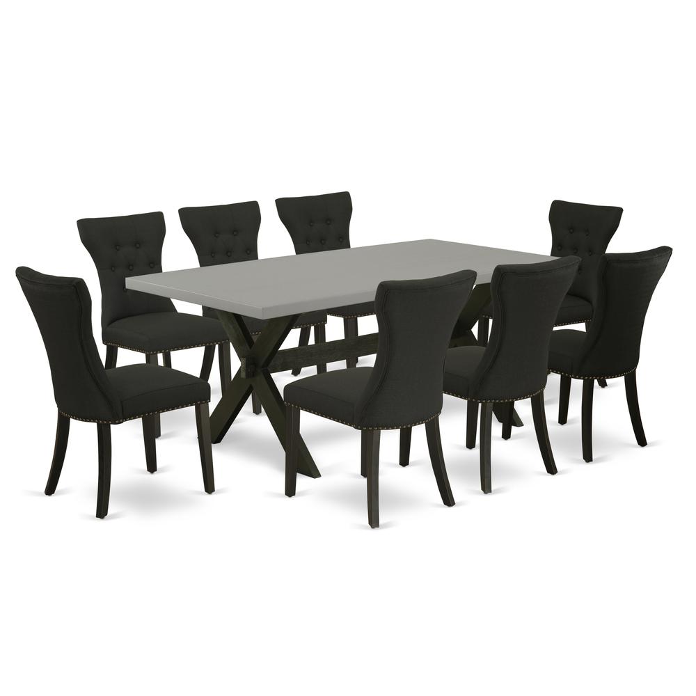 East West Furniture X697GA124-9 9-Pc Dining Table Set - 8 Parson Dining Chairs and 1 Modern Rectangular Cement Dining Table Top with Button Tufted Chair Back - Wire Brushed Black Finish