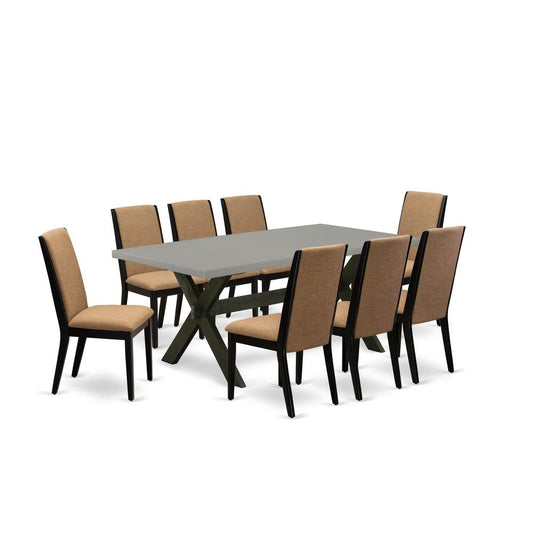 East West Furniture X697LA147-9 9-Piece Awesome Dining Room Set an Excellent Cement Color dining table Top and 8 Stunning Linen Fabric Dining Room Chairs with Stylish Chair Back, Wire Brushed Black Fi