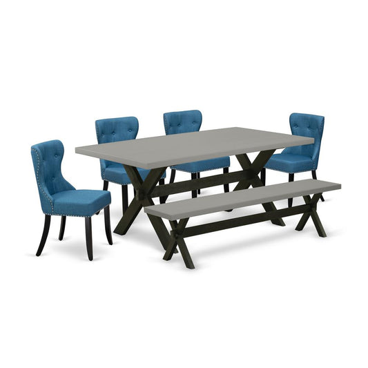 East West Furniture X697SI121-6 6-Pc Dinette Room Set- 4 Dining Room Chairs with Blue Linen Fabric Seat and Button Tufted Chair Back - Rectangular Top & Wooden Cross Legs Kitchen Dining Table and Wood