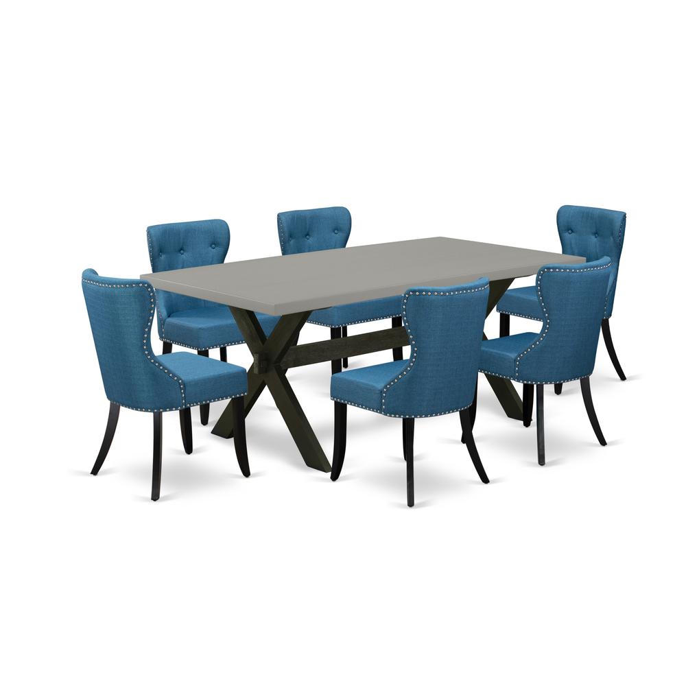 East West Furniture X697SI121-7 7-Pc Dinette Set- 6 Parson Chairs with Blue Linen Fabric Seat and Button Tufted Chair Back - Rectangular Table Top & Wooden Cross Legs - Cement and Black Finish