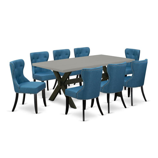 East West Furniture X697SI121-9 9-Pc Dining Room Set- 8 Mid Century Dining Chairs with Blue Linen Fabric Seat and Button Tufted Chair Back - Rectangular Table Top & Wooden Cross Legs - Cement and Blac