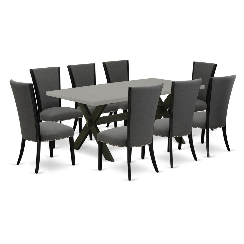 East West Furniture X697VE650-9 9Pc Kitchen and Dining Room Table Set Consists of a Dining Table and 8 Parsons Dining Chairs with Dark Gotham Grey Color Linen Fabric, Medium Size Table with Full Back