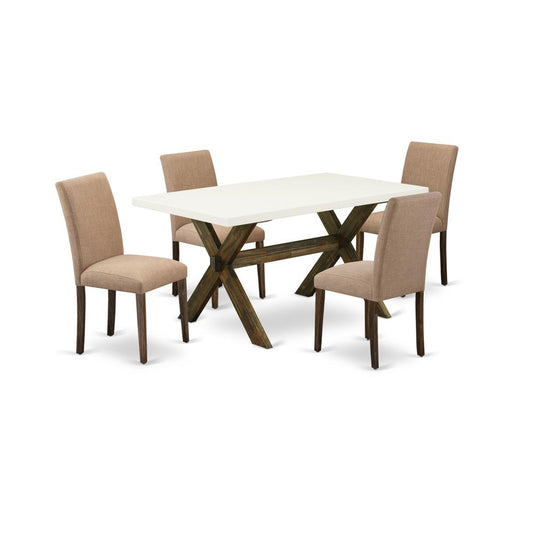 East West Furniture 5-Pc Table and Chairs Dining Set Includes 4 Mid Century Chairs with Upholstered Seat and High Back and a Rectangular Kitchen Dining Table - Distressed Jacobean Finish