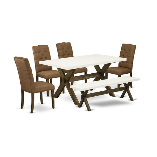 East West Furniture 6-Piece Mid Century Dining Table Set-Brown Beige Linen Fabric Seat and Button Tufted Chair Back Modern Dining chairs, A Rectangular Bench and Rectangular Top Kitchen Dining Table w