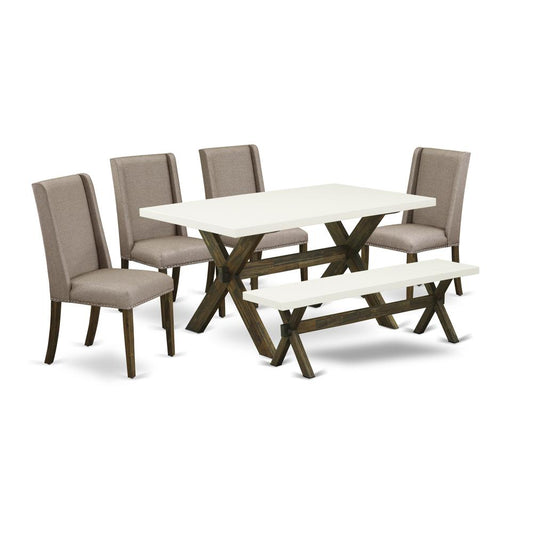 East West Furniture 6-Pc Dining -Dark Khaki Linen Fabric Seat and High Stylish Chair Back kitchen parson chairs, A Rectangular Bench and Rectangular Top Dining room Table with Wood Legs - Linen White