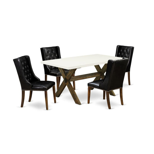 East West Furniture X726FO749-5 5 Piece Dining Table Set - 4 Black Pu Leather Upholstered Chair Button Tufted with Nail heads and Wood Dining Table - Distressed Jacobean Finish