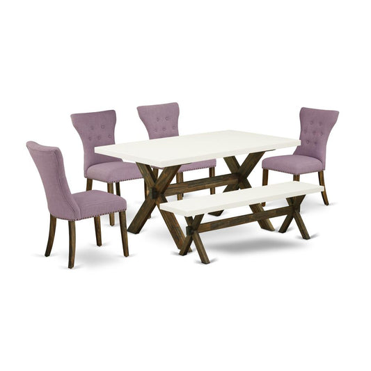 East West Furniture X726GA740-6 6-Piece Kitchen Dining Room Set- 4 Kitchen Parson Chairs with Dahlia Linen Fabric Seat and Button Tufted Chair Back - Rectangular Top & Wooden Cross Legs Dining Room Ta