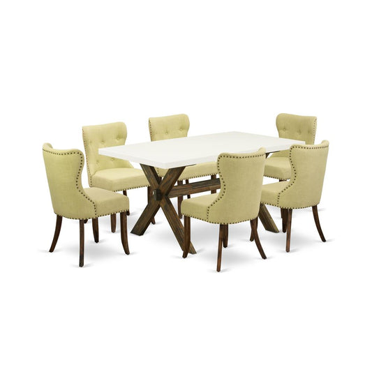 East West Furniture X726SI737-7 7-Pc Dining Room Table Set- 6 Upholstered Dining Chairs with Limelight Linen Fabric Seat and Button Tufted Chair Back - Rectangular Table Top & Wooden Cross Legs - Line