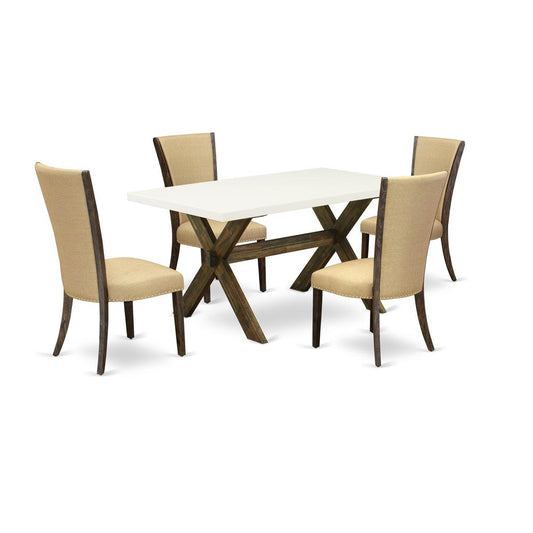 East West Furniture X726VE703-5 5Pc Dining Table Set Consists of a Wood Table and 4 Parsons Dining Room Chairs with Brown Color Linen Fabric, Medium Size Table with Full Back Chairs, Distressed Jacobe