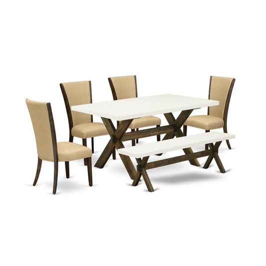 East West Furniture X726VE703-6 6 Piece Table Set - 4 Brown Linen Fabric Comfortable Chair with Nailheads and Linen White Rectangular Dining Table - 1 Wooden Bench - Distressed Jacobean Finish