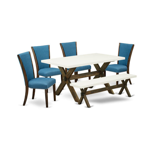 East West Furniture X726VE721-6 6 Piece Table Set - 4 Black Linen Fabric Comfortable Chair with Nailheads and Linen White Modern Dining Table - 1 Wooden Bench - Distressed Jacobean Finish