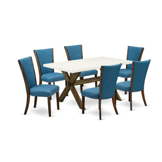 East West Furniture X726VE721-7 7Pc Dinette Sets for Small Spaces Consists of a Wood Table and 6 Parsons Dining Chairs with Blue Color Linen Fabric, Distressed Jacobean and Linen White Finish