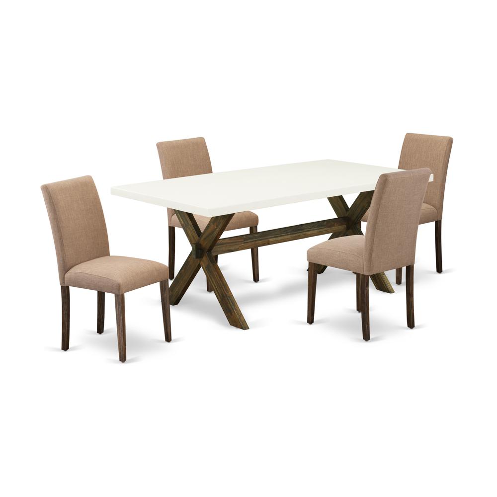 East West Furniture 5-Pc Table and Chairs Dining Set Includes 4 Dining Room Chairs with Upholstered Seat and High Back and a Rectangular Table - Distressed Jacobean Finish