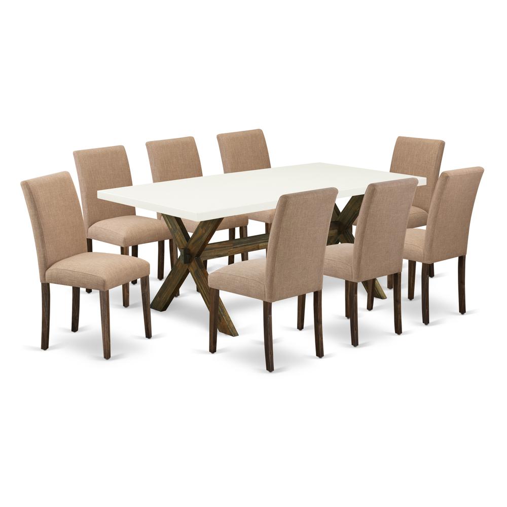 East West Furniture 9-Piece Dining Room Set Includes 8 Dining Room Chairs with Upholstered Seat and High Back and a Rectangular Breakfast Table - Distressed Jacobean Finish