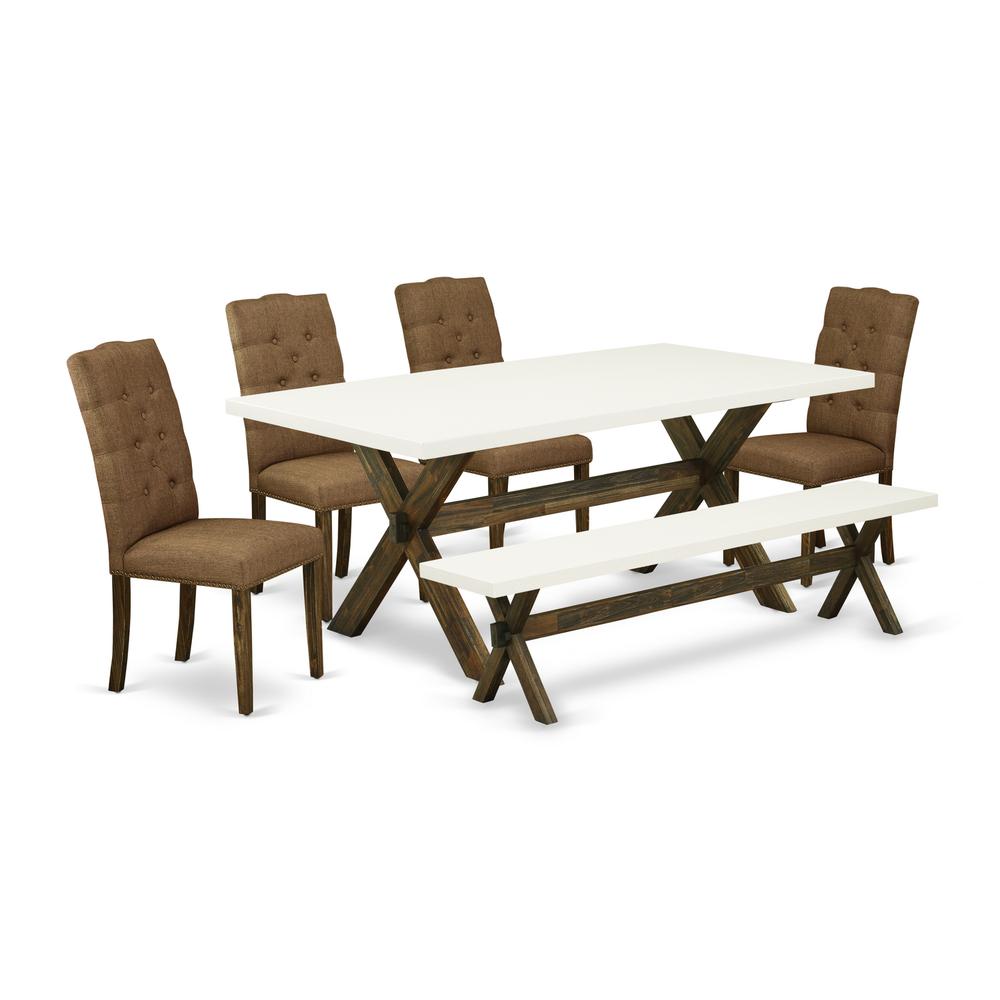 East West Furniture 6-Pc Dinette Set-Brown Beige Linen Fabric Seat and Button Tufted Chair Back kitchen parson chairs, A Rectangular Bench and Rectangular Top Kitchen Table with Wood Legs - Linen Whit