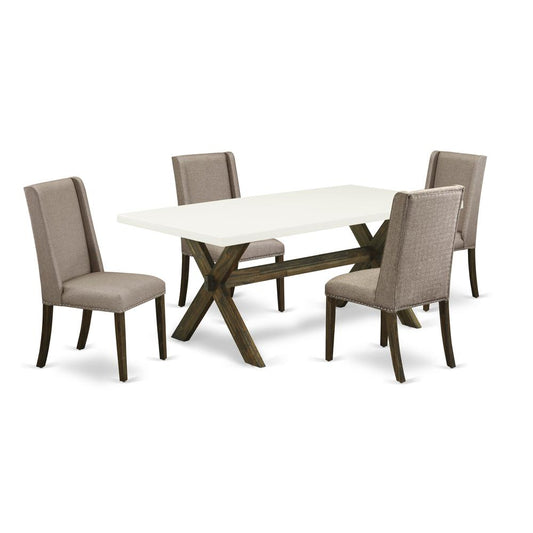 East West Furniture 5-Piece Dining room Set Included 4 Upholstered Dining chairs Upholstered Seat and Stylish Chair Back and Rectangular Table with Linen White Kitchen Table Top - Distressed Jacobean