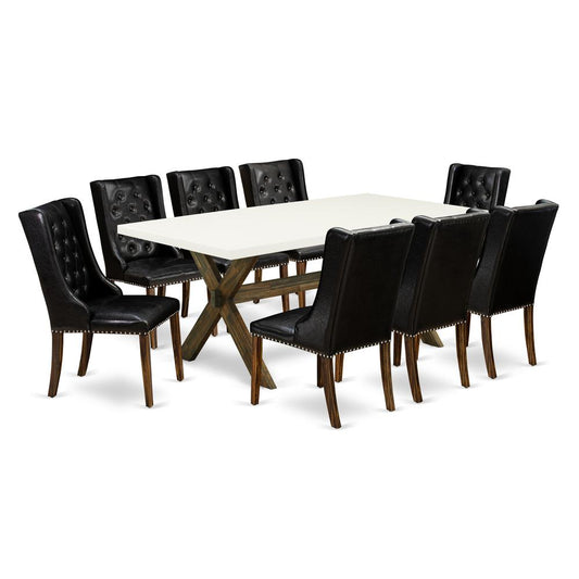 East West Furniture X727FO749-9 9-Piece Dining Room Table Set - 8 Black Pu Leather Kitchen Chairs Button Tufted with Nail heads and Dining Room Table - Distressed Jacobean Finish