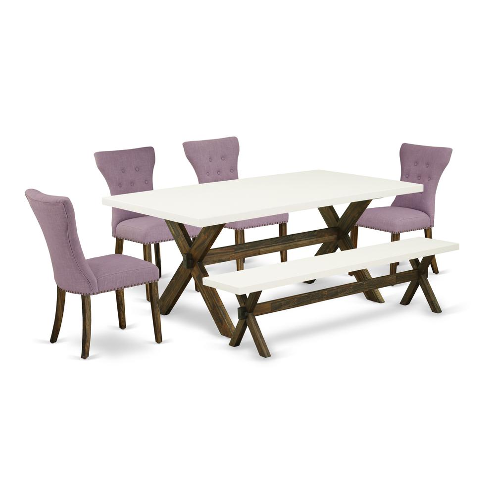 East West Furniture X727GA740-6 6-Pc Dining Room Table Set- 4 Dining Padded Chairs with Dahlia Linen Fabric Seat and Button Tufted Chair Back - Rectangular Top & wooden cross legs Kitchen Table and In