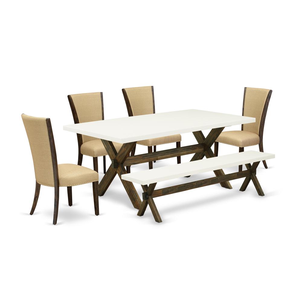 East West Furniture X727VE703-6 6 Piece Table Set - 4 Brown Linen Fabric Dining Chairs with Nailheads and Linen White Wood Dining Table - 1 Dining Bench - Distressed Jacobean Finish