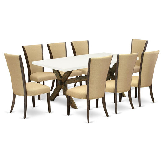 East West Furniture X727VE703-9 9Pc Kitchen Set Consists of a Rectangular Table and 8 Upholstered Dining Chairs with Brown Color Linen Fabric, Distressed Jacobean and Linen White Finish