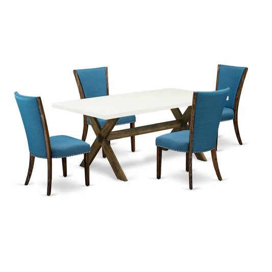 East West Furniture X727VE721-5 5Pc Wood Dining Table Set Consists of a Wood Dining Table and 4 Parsons Dining Room Chairs with Blue Color Linen Fabric, Distressed Jacobean and Linen White Finish