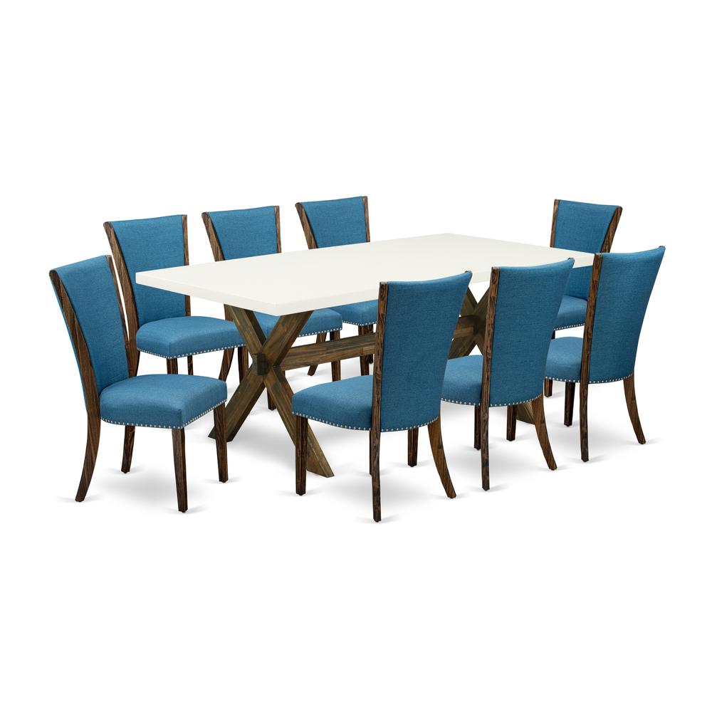 East West Furniture X727VE721-9 9Pc Dining Set Contains a Dinette Table and 8 Parson Chairs with Blue Color Linen Fabric, Distressed Jacobean and Linen White Finish