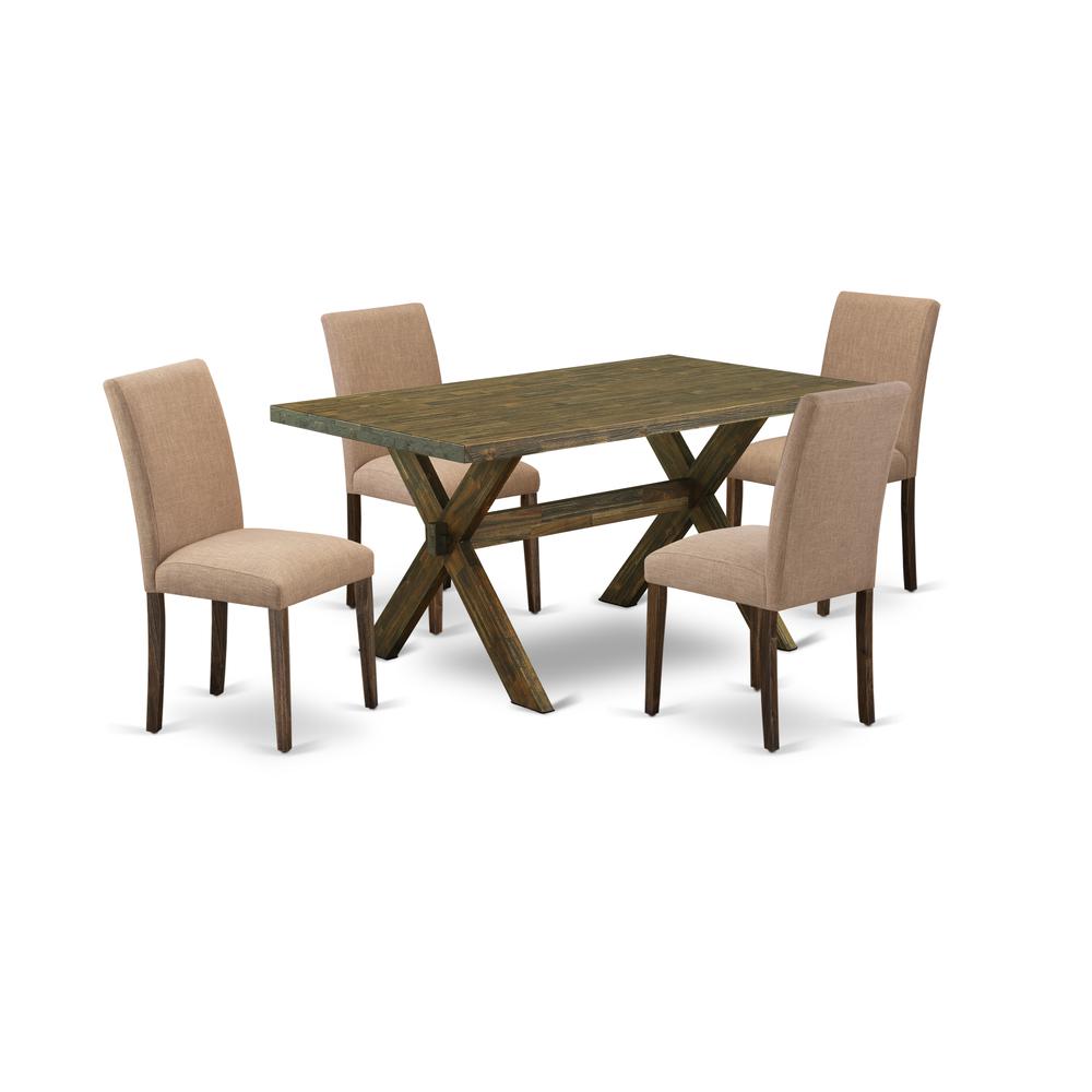 East West Furniture 5-Piece dining room table set Includes 4 Dining Chairs with Upholstered Seat and High Back and a Rectangular Dining Table - Distressed Jacobean Finish