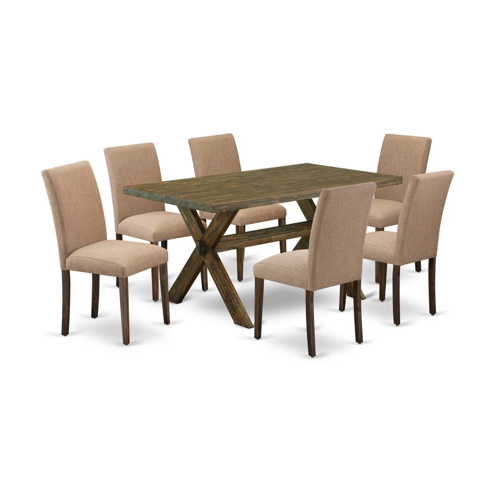 East West Furniture 7-Piece Dining Table Set Includes 6 Mid Century Modern Dining Chairs with Upholstered Seat and High Back and a Rectangular Dining Table - Distressed Jacobean Finish