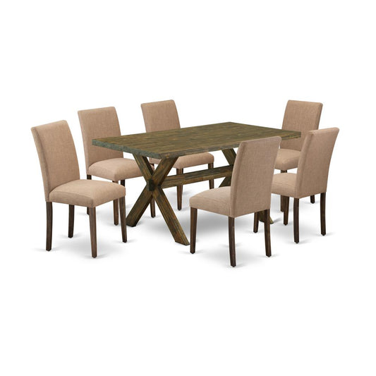 East West Furniture 7-Piece Dining Table Set Includes 6 Mid Century Modern Dining Chairs with Upholstered Seat and High Back and a Rectangular Dining Table - Distressed Jacobean Finish