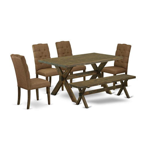 East West Furniture 6-Pc Kitchen Dinette Set-Brown Beige Linen Fabric Seat and Button Tufted Chair Back kitchen parson chairs, A Rectangular Bench and Rectangular Top Kitchen Table with Solid Wood Leg