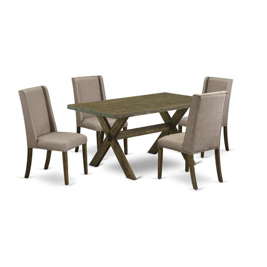 East West Furniture 5-Piece rectangular Dinette Set Included 4 Parson chairs Upholstered Nails Head Seat and Stylish Chair Back and Rectangular dining table with Distressed Jacobean Rectangular Table