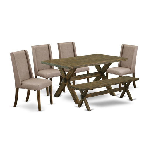 East West Furniture 6-Pc Modern Dining Table Set-Dark Khaki Linen Fabric Seat and High Stylish Chair Back Dining chairs, A Rectangular Bench and Rectangular Top Mid Century Dining Table with Hardwood