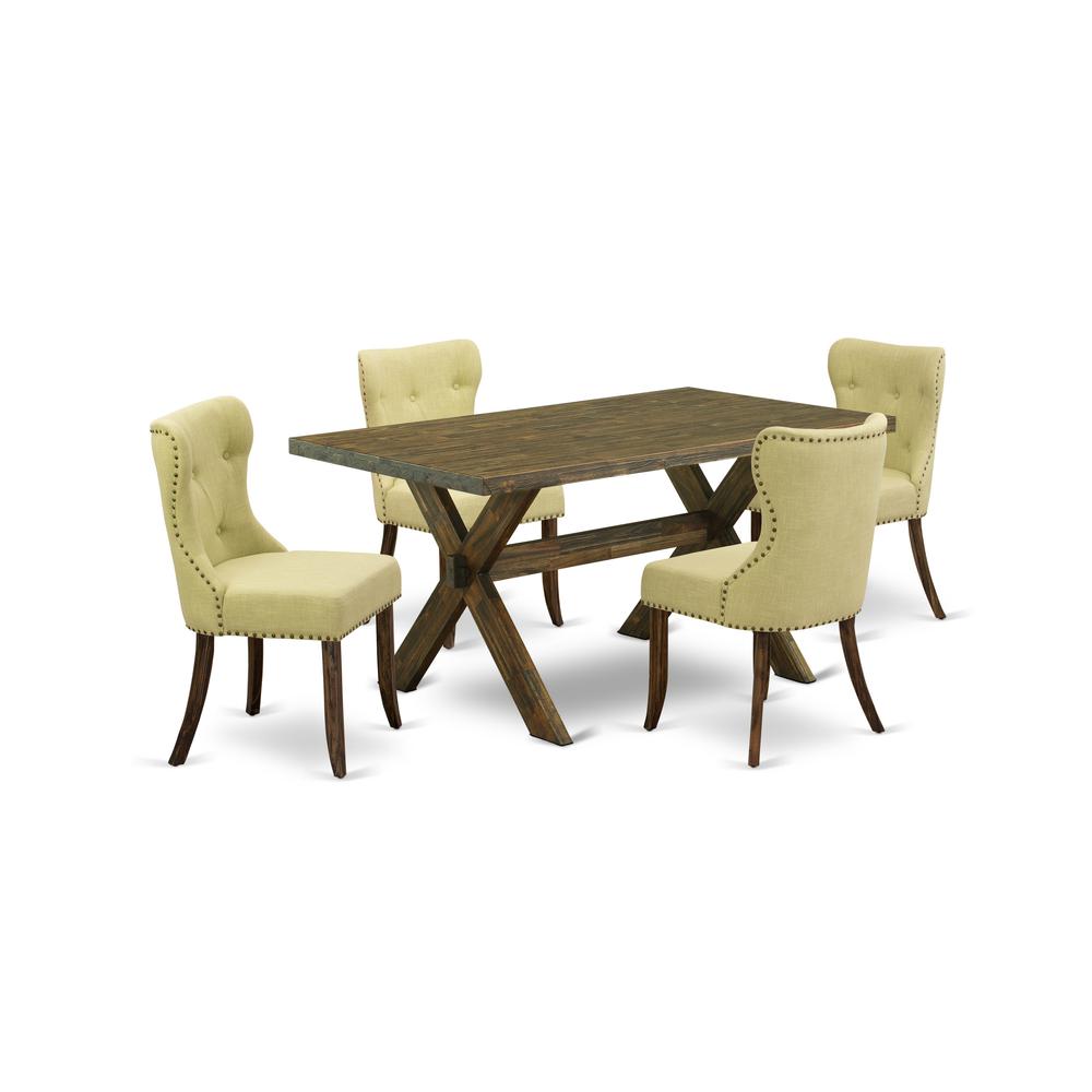 East West Furniture X776SI737-5 5-Pc Dining Room Set- 4 Parson Dining Chairs with Limelight Linen Fabric Seat and Button Tufted Chair Back - Rectangular Table Top & Wooden Cross Legs - Distressed Jaco