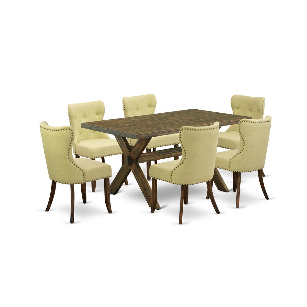 East West Furniture X776SI737-7 7-Pc Dinette Room Set- 6 Mid Century Dining Chairs with Limelight Linen Fabric Seat and Button Tufted Chair Back - Rectangular Table Top & Wooden Cross Legs - Distresse