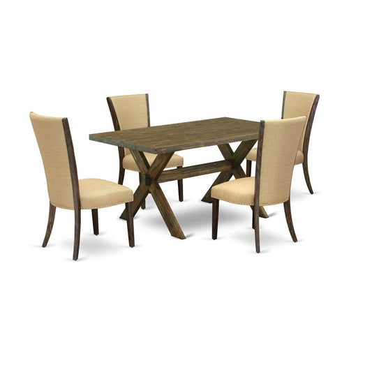 East West Furniture X776VE703-5 5Pc Dining Table Set Includes a Wood Dining Table and 4 Parson Dining Chairs with Brown Color Linen Fabric, Medium Size Table with Full Back Chairs, Distressed Jacobean