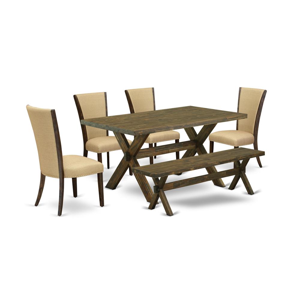 East West Furniture X776VE703-6 6 Piece Dining Table Set - 4 Brown Linen Fabric Kitchen Chairs with Nailheads and Distressed Jacobean Wooden Table - 1 Mid Century Bench - Distressed Jacobean Finish