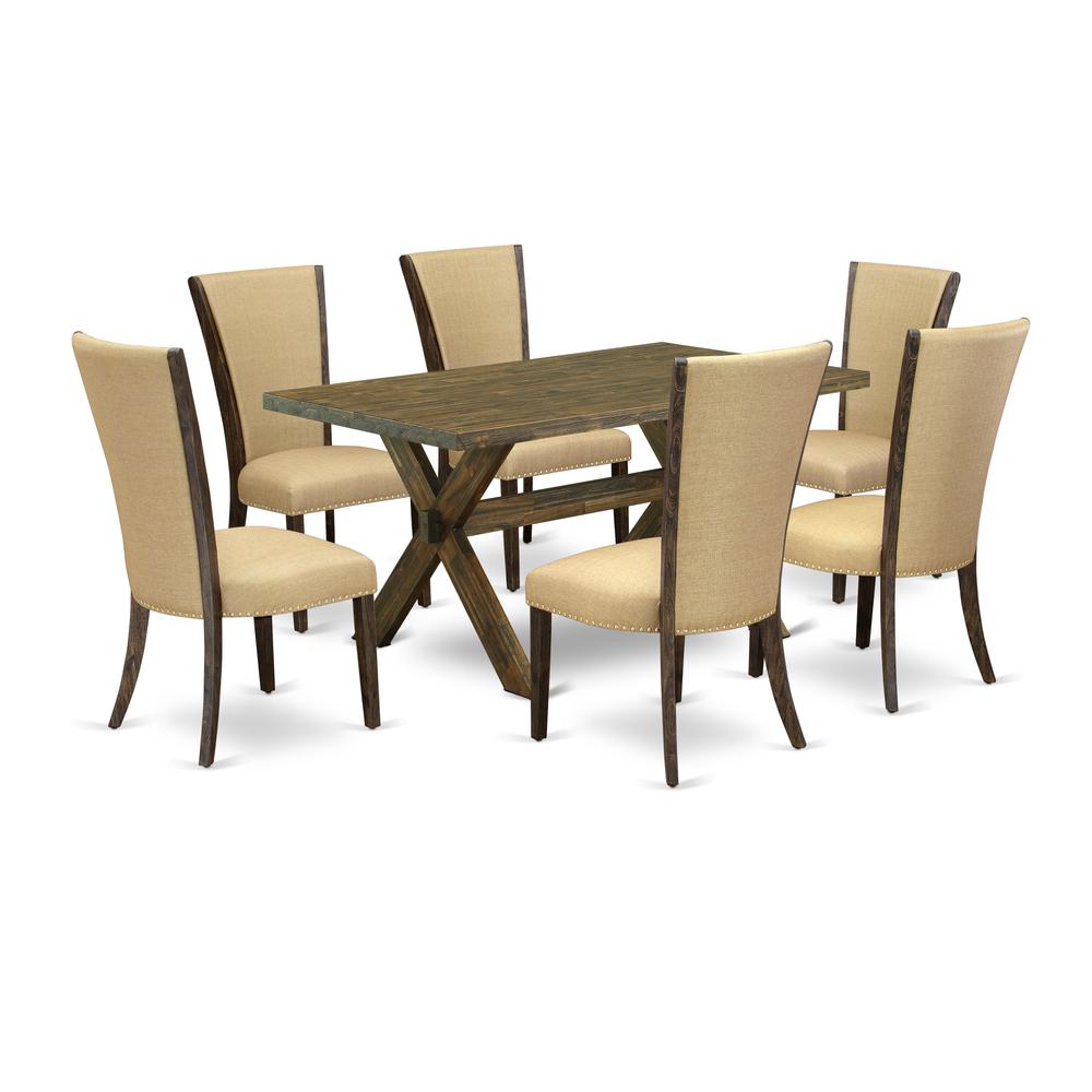 East West Furniture X776VE703-7 7Pc Dining Room Table Set Consists of a Kitchen Table and 6 Upholstered Dining Chairs with Brown Color Linen Fabric, Medium Size Table with Full Back Chairs, Distressed