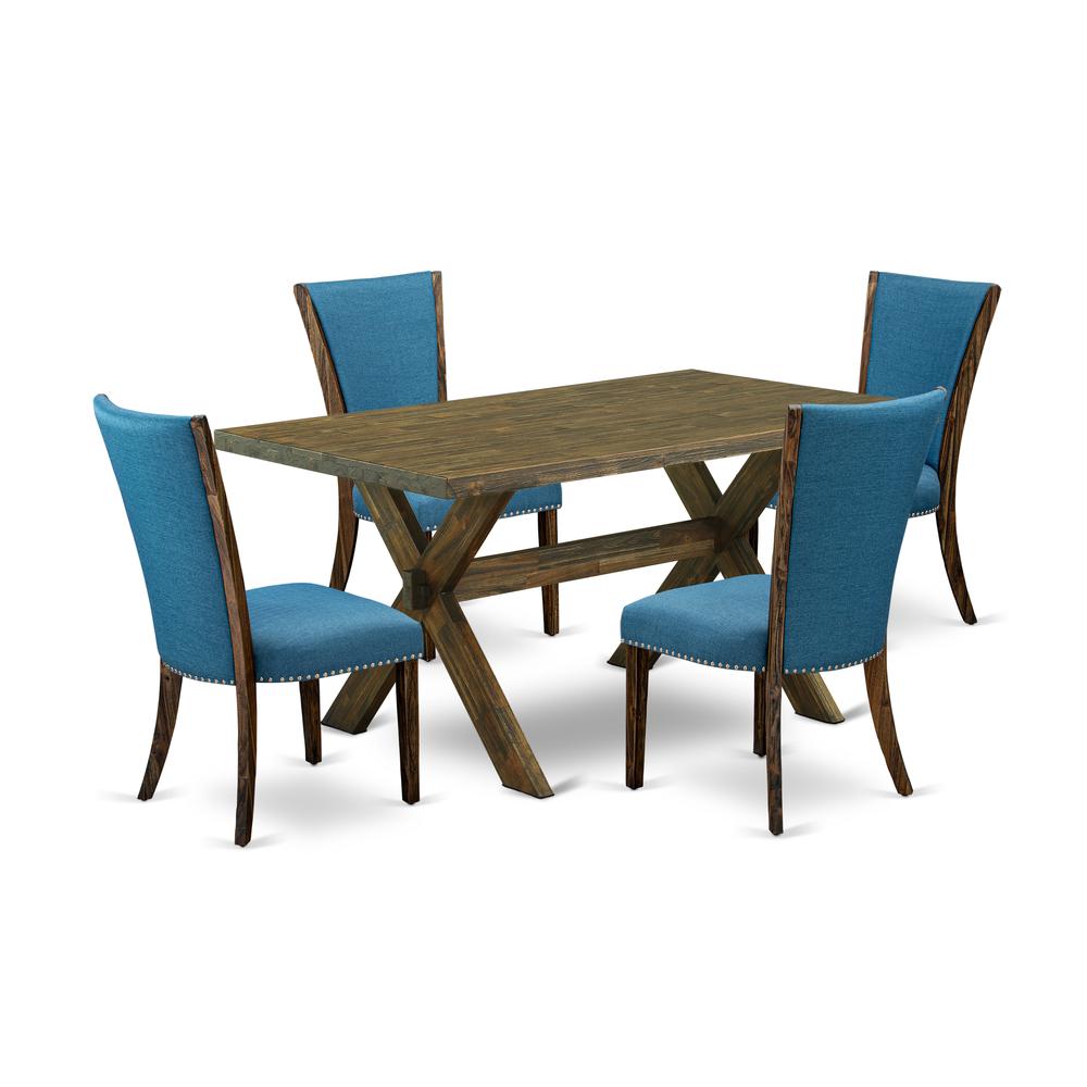 East West Furniture X776VE721-5 5Pc Dining Table set Includes a Dinette Table and 4 Parson Dining Chairs with Blue Color Linen Fabric, Distressed Jacobean Finish