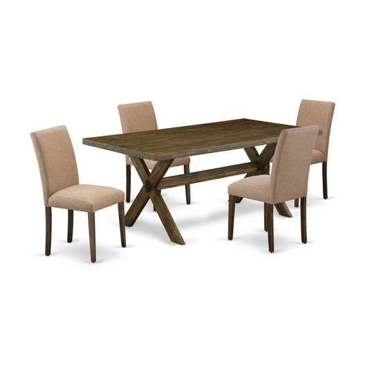 East West Furniture 5-Pc Kitchen Table Set Includes 4 Mid Century Chairs with Upholstered Seat and High Back and a Rectangular Wooden Dining Table - Distressed Jacobean Finish