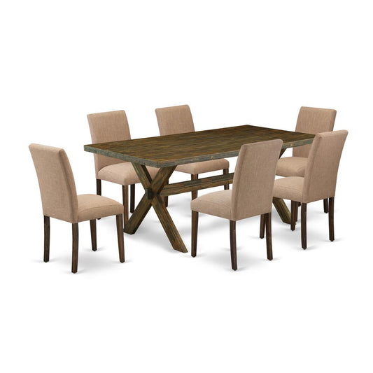 East West Furniture 7-Pc kitchen dining table set Includes 6 Dining Chairs with Upholstered Seat and High Back and a Rectangular Table - Distressed Jacobean Finish